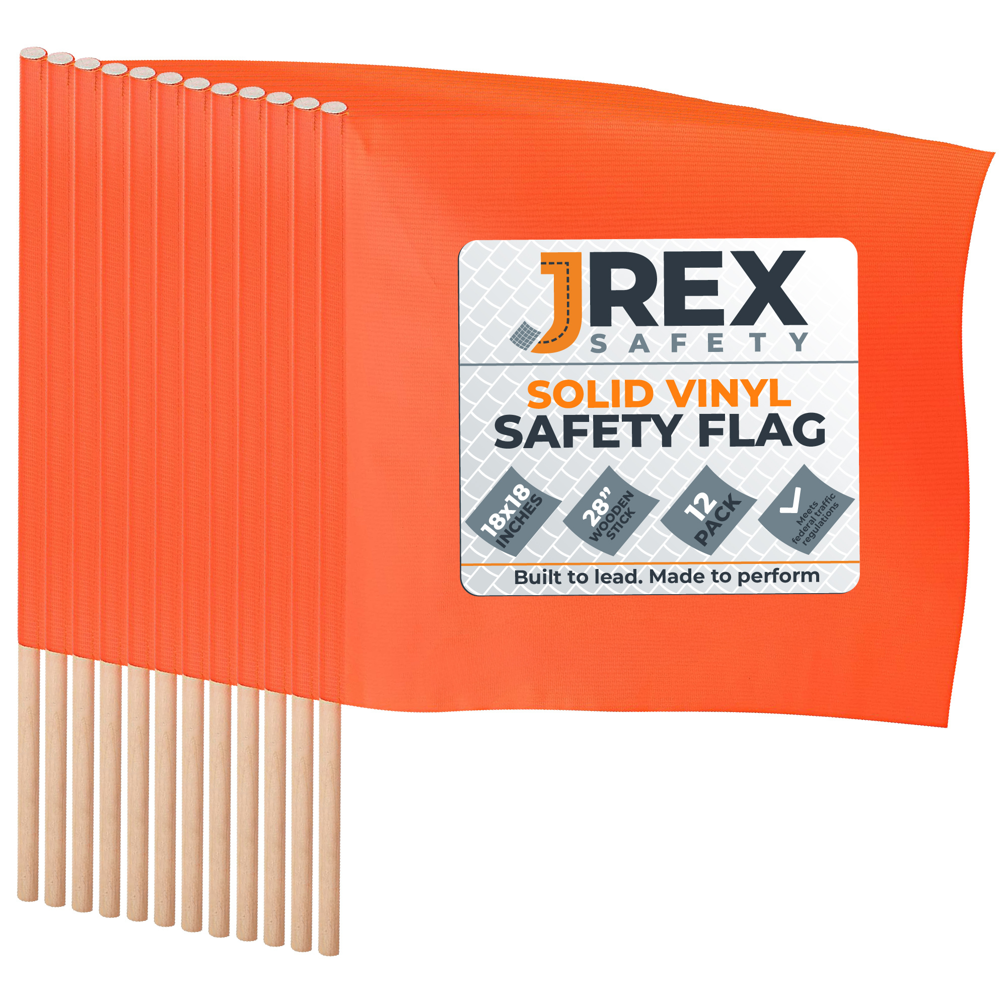 18" x 18" Orange Warning/Safety Flag with 28" Wood Staff - 12 Pack